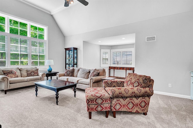 carpeted living area featuring ceiling fan, recessed lighting, baseboards, lofted ceiling, and visible vents