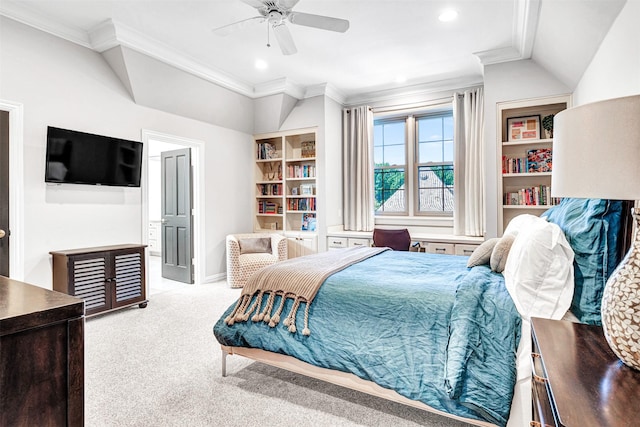 bedroom featuring ornamental molding, ceiling fan, recessed lighting, carpet, and vaulted ceiling