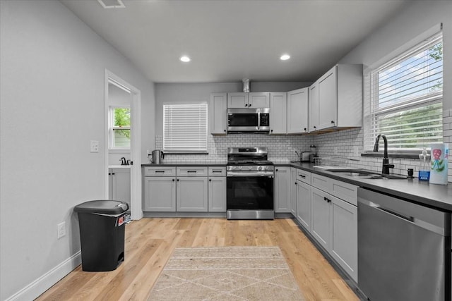 kitchen featuring a sink, decorative backsplash, stainless steel appliances, and light wood-style flooring