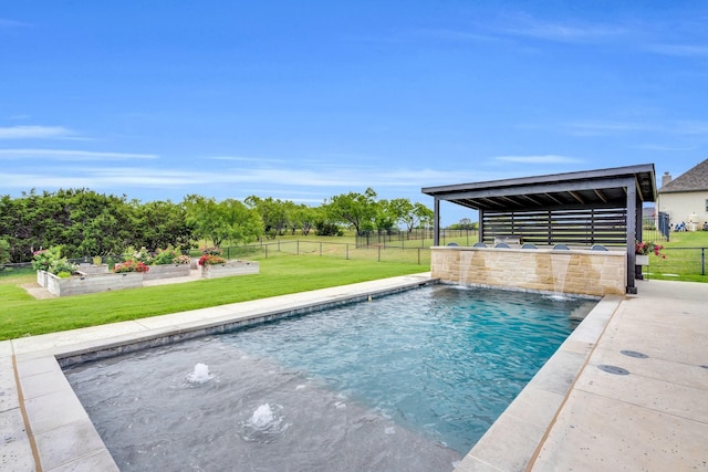 pool featuring a garden, fence, and a yard