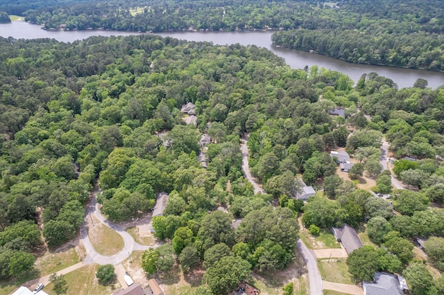 birds eye view of property featuring a water view and a forest view