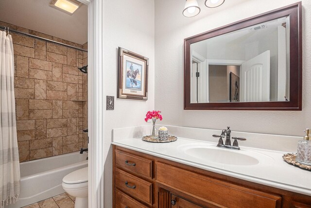 full bathroom featuring toilet, shower / bath combination with curtain, and vanity