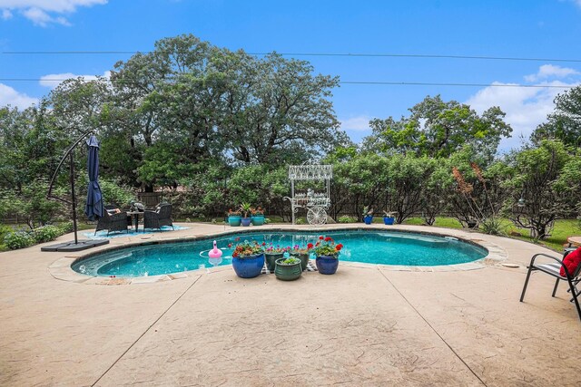 view of pool featuring a fenced in pool, fence, and a patio area