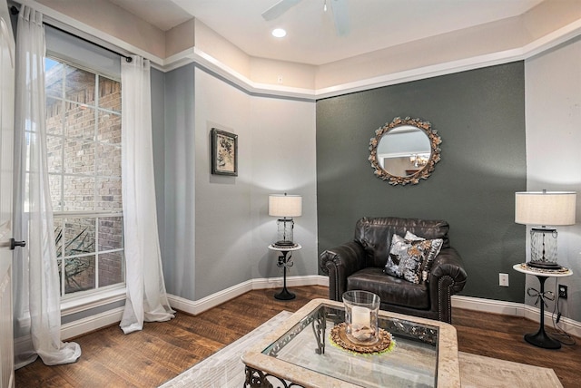 living area featuring baseboards, a ceiling fan, and wood finished floors