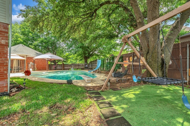 2085 Idlewood Dr, Grapevine, TX 76051 - fenced backyard featuring a gazebo, a playground, a patio area, and a pool with connected hot tub