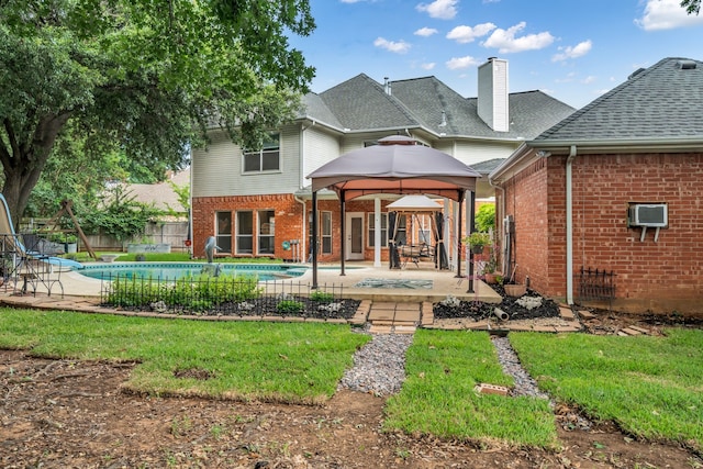 2085 Idlewood Dr, Grapevine, TX 76051 - rear view of house featuring brick siding, a gazebo, a patio area, a shingled roof, and a chimney