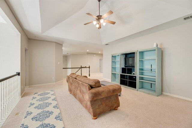 1355 Crockett Dr, Frisco, TX 75033 - carpeted living area with ceiling fan, recessed lighting, baseboards, and lofted ceiling