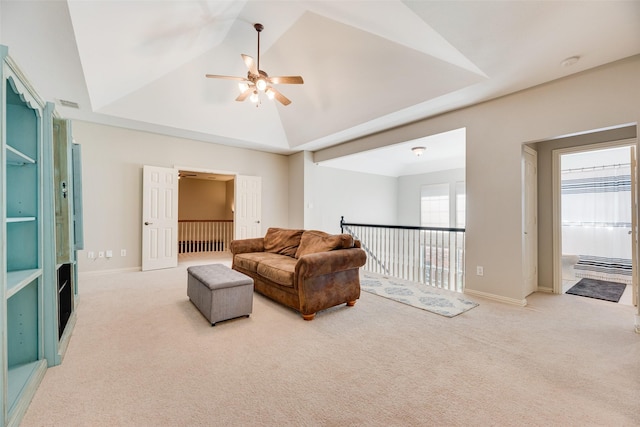 1355 Crockett Dr, Frisco, TX 75033 - living area with carpet flooring, ceiling fan, baseboards, vaulted ceiling, and an upstairs landing