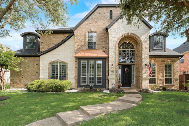 1355 Crockett Dr, Frisco, TX 75033 - french provincial home with a front lawn, stone siding, and a shingled roof