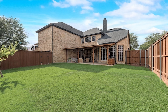 1355 Crockett Dr, Frisco, TX 75033 - rear view of property featuring brick siding, a chimney, a patio, and roof with shingles