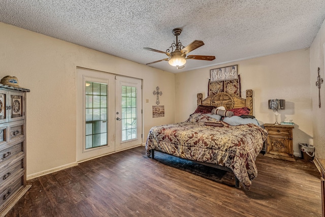 372 County Road 477, Stephenville, TX 76401 - bedroom featuring french doors, dark wood-style flooring, a textured ceiling, baseboards, and access to outside