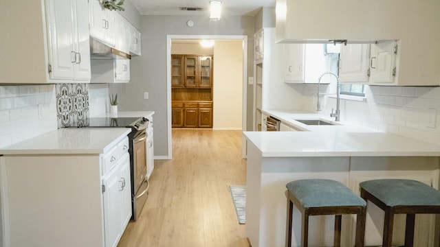 kitchen featuring a sink, stainless steel range with electric stovetop, light wood-style flooring, under cabinet range hood, and visible vents