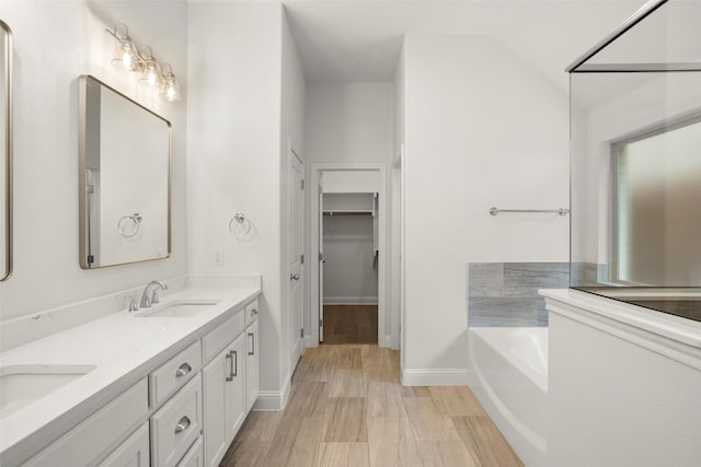 full bathroom featuring a walk in closet, a sink, double vanity, baseboards, and a garden tub