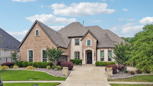 french country inspired facade with brick siding, a shingled roof, and a front yard