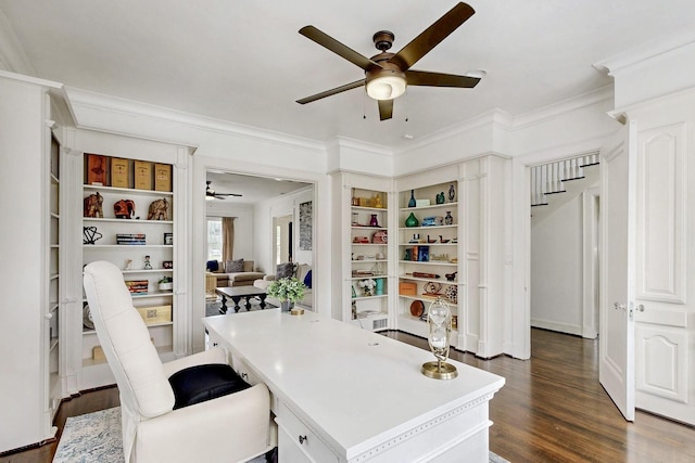 office space with ceiling fan, ornamental molding, and dark wood finished floors