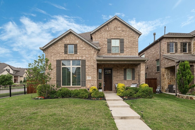 traditional home featuring brick siding, fence, and a front yard