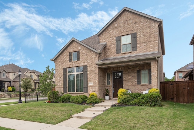 traditional-style house featuring brick siding, a front lawn, and fence