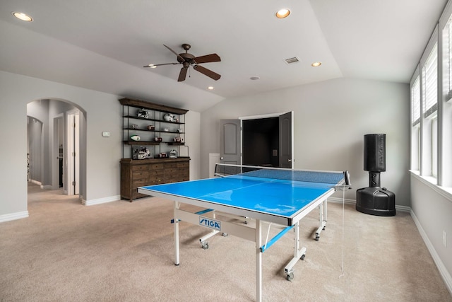 101 Welford Ln, Southlake, TX 76092 - game room featuring ceiling fan, arched walkways, light colored carpet, vaulted ceiling, and baseboards