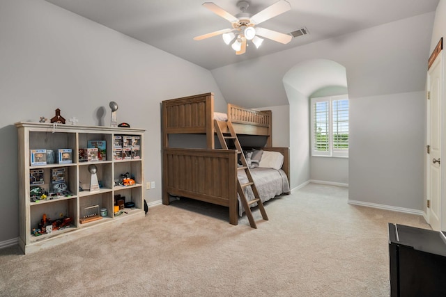 101 Welford Ln, Southlake, TX 76092 - bedroom with lofted ceiling, carpet, baseboards, and a ceiling fan