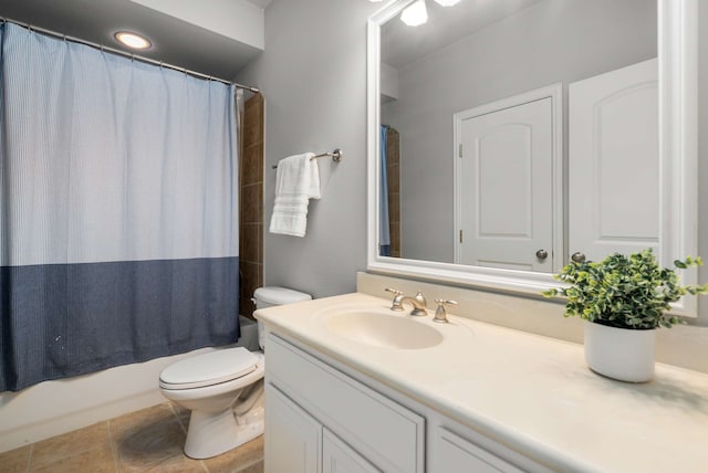 101 Welford Ln, Southlake, TX 76092 - full bath with toilet, vanity, shower / bathtub combination with curtain, and tile patterned flooring
