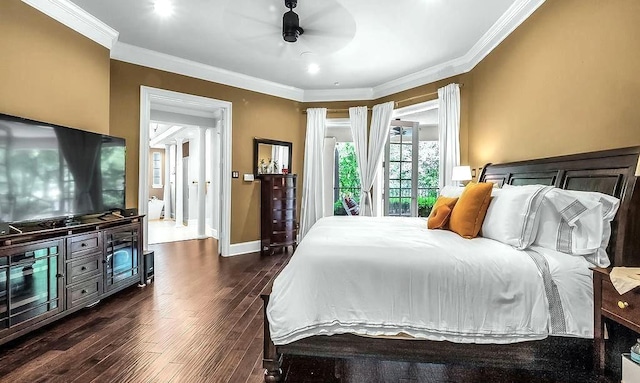 2025 Breaker Ln, Flower Mound, TX 75022 - bedroom with baseboards, ornamental molding, dark wood-style flooring, and ceiling fan