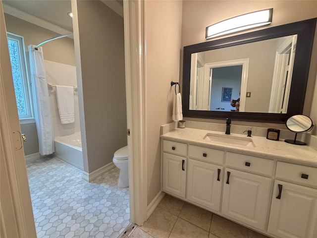 2025 Breaker Ln, Flower Mound, TX 75022 - full bathroom featuring shower / tub combo, vanity, baseboards, tile patterned floors, and toilet