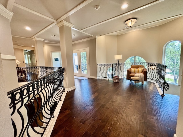 2025 Breaker Ln, Flower Mound, TX 75022 - living area with wood-type flooring, crown molding, decorative columns, baseboards, and french doors