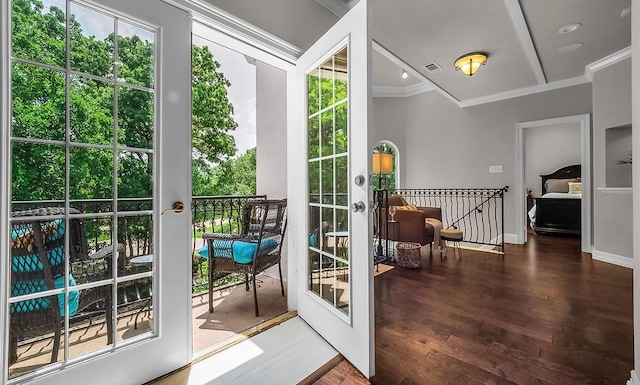 2025 Breaker Ln, Flower Mound, TX 75022 - entryway with french doors, visible vents, crown molding, wood finished floors, and baseboards