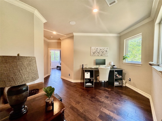 2025 Breaker Ln, Flower Mound, TX 75022 - office area with recessed lighting, baseboards, wood finished floors, visible vents, and ornamental molding