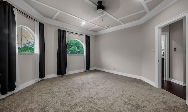 2025 Breaker Ln, Flower Mound, TX 75022 - spare room featuring ceiling fan, visible vents, baseboards, carpet, and coffered ceiling