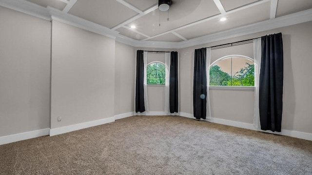 carpeted empty room featuring a ceiling fan, beam ceiling, baseboards, coffered ceiling, and recessed lighting