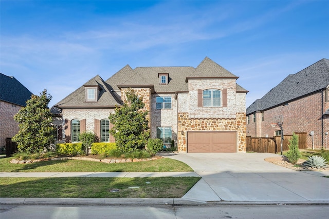 6380 Forefront Ave, Frisco, TX 75036 - french country home with stone siding, driveway, an attached garage, brick siding, and roof with shingles