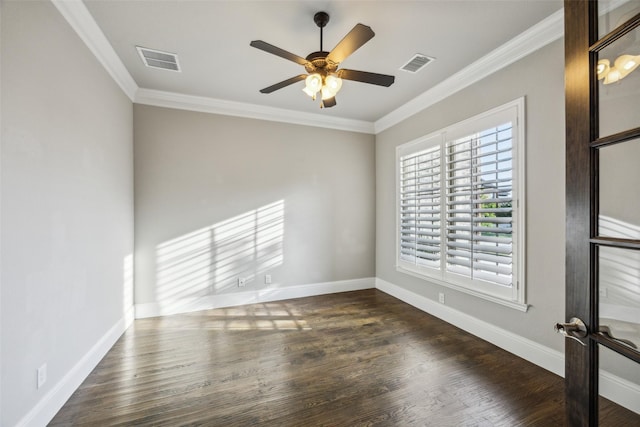 6380 Forefront Ave, Frisco, TX 75036 - spare room featuring a ceiling fan, ornamental molding, dark wood-style flooring, and baseboards