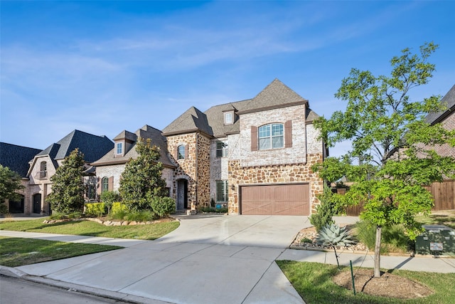 6380 Forefront Ave, Frisco, TX 75036 - french country inspired facade with driveway, a garage, stone siding, and brick siding