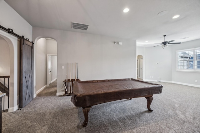 6380 Forefront Ave, Frisco, TX 75036 - playroom with arched walkways, a barn door, carpet flooring, recessed lighting, and a ceiling fan