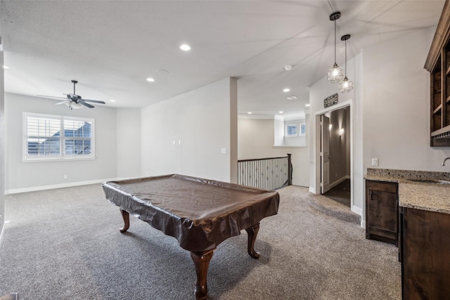 6380 Forefront Ave, Frisco, TX 75036 - rec room with light carpet, a sink, a ceiling fan, billiards, and recessed lighting