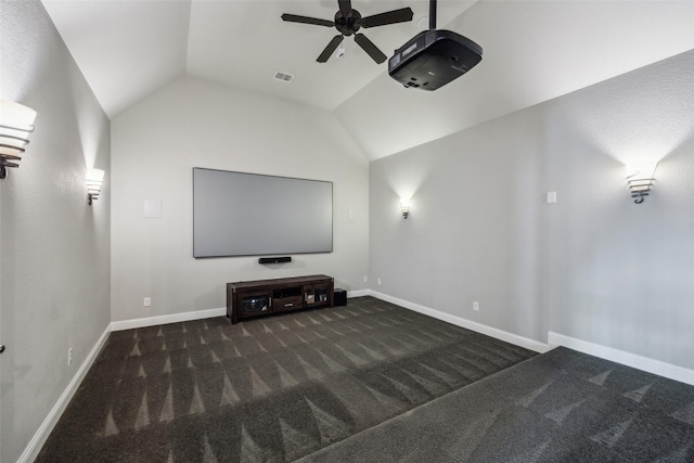 6380 Forefront Ave, Frisco, TX 75036 - carpeted cinema room featuring ceiling fan, vaulted ceiling, and baseboards
