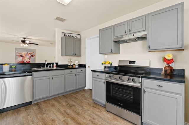 kitchen with appliances with stainless steel finishes, a sink, gray cabinets, under cabinet range hood, and visible vents