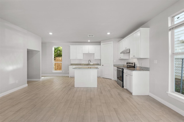 2021 Eva St, Grand Prairie, TX 75051 - kitchen with a sink, a healthy amount of sunlight, under cabinet range hood, and stainless steel range with electric cooktop