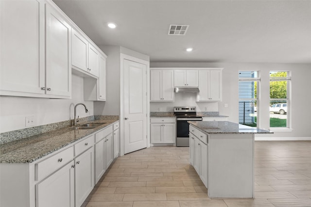 2021 Eva St, Grand Prairie, TX 75051 - kitchen featuring visible vents, a sink, a center island, under cabinet range hood, and electric stove