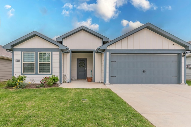 single story home featuring a garage, board and batten siding, concrete driveway, and a front lawn