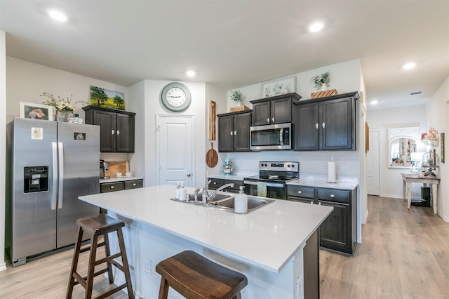 kitchen featuring light countertops, a sink, light wood finished floors, and stainless steel appliances