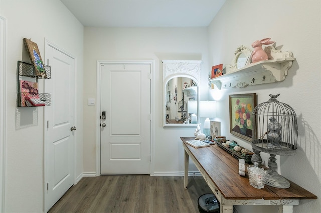 entryway with baseboards and wood finished floors