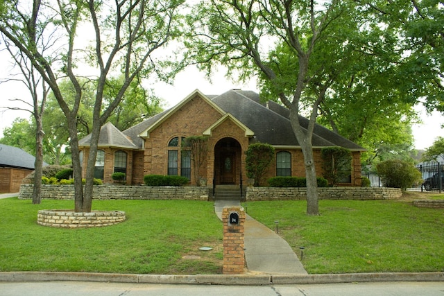 view of front of home featuring roof with shingles, brick siding, and a front yard
