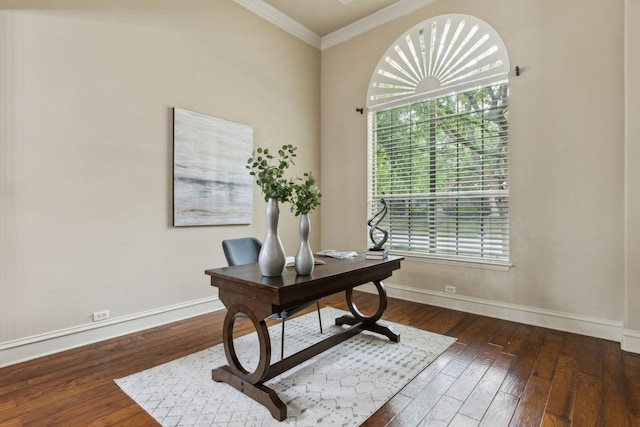 1016 Arches Park Dr, Allen, TX 75013 - office area featuring baseboards, ornamental molding, and dark wood finished floors