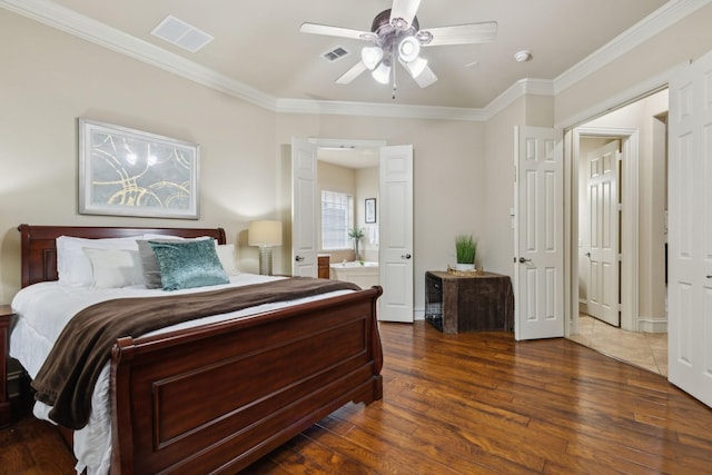 1016 Arches Park Dr, Allen, TX 75013 - bedroom with wood finished floors, ornamental molding, connected bathroom, and ceiling fan