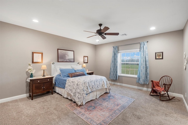 1009 Western Dr, Woodway, TX 76712 - bedroom with baseboards, recessed lighting, ceiling fan, and light carpet