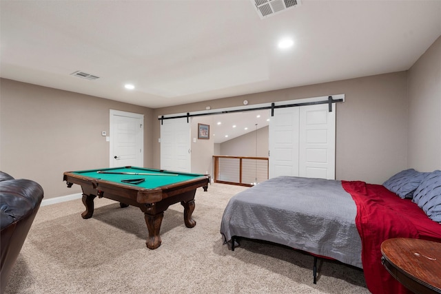 1009 Western Dr, Woodway, TX 76712 - playroom featuring light colored carpet, recessed lighting, a barn door, and visible vents
