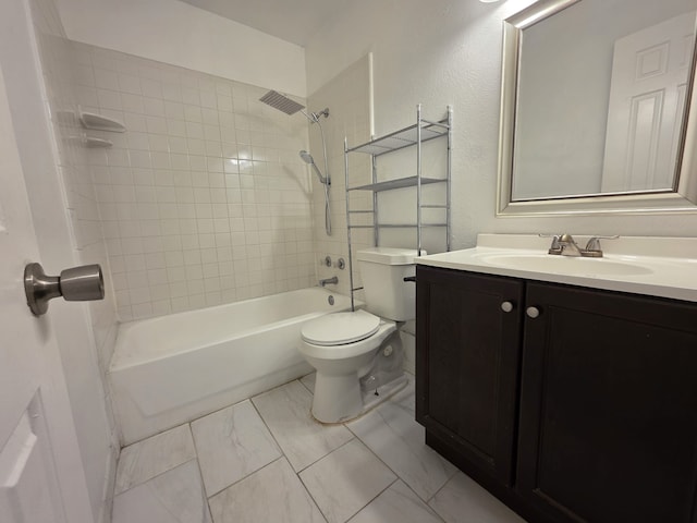 bathroom with vanity,  shower combination, marble finish floor, and toilet