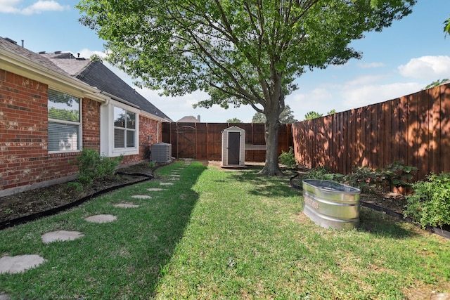 view of yard with central AC unit and a fenced backyard